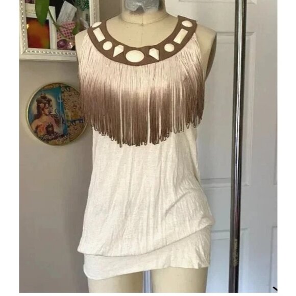 ANTHOPOLOGIE Beige Y2K Ombre Fringe front Racerback Long Tunic Tank BOHO *MED* - Picture 1 of 5